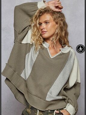 POL French Terry and Thermal Multi fabric V Neck Long Sleeve Top